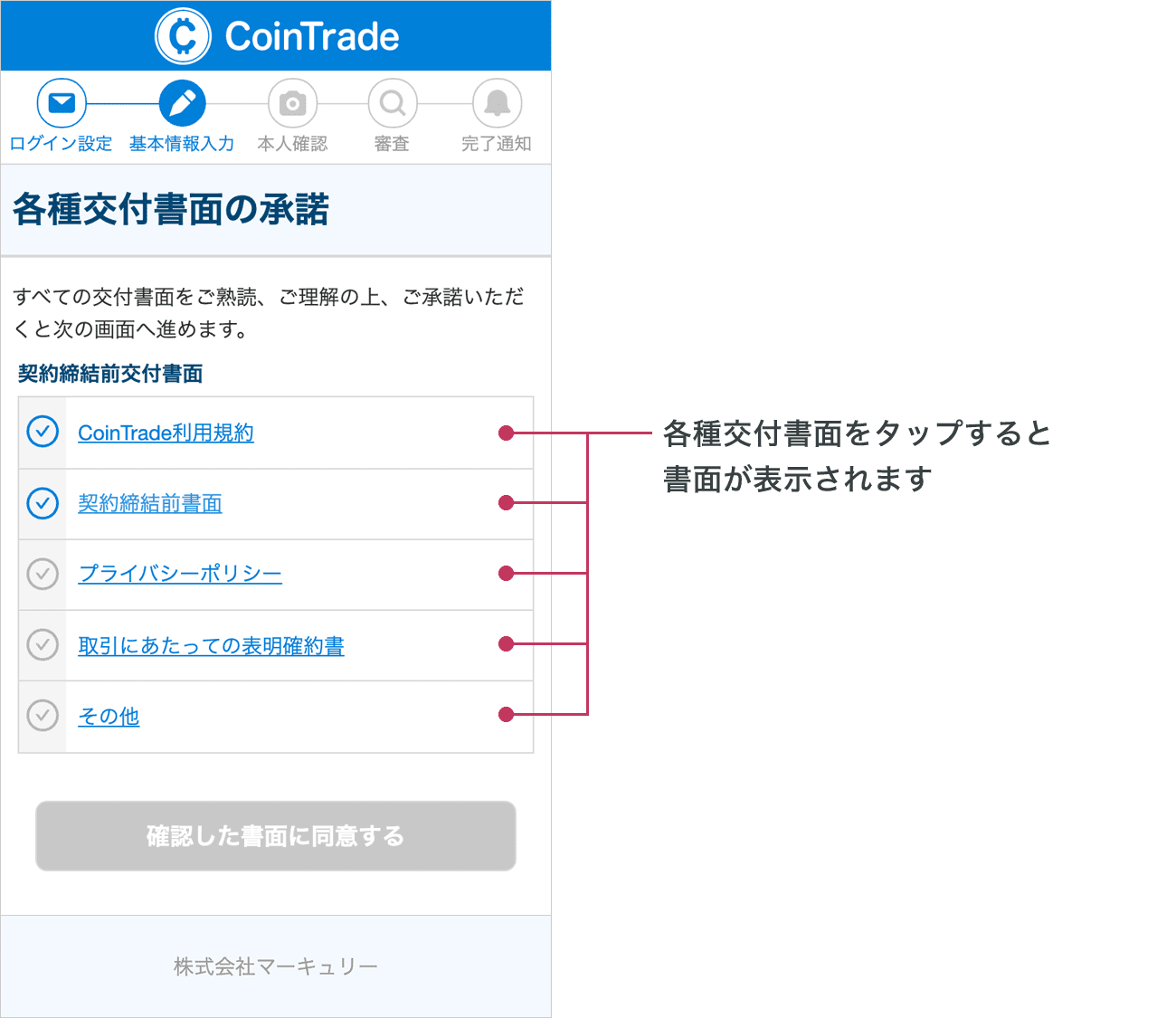 SMS認証が完了しますと「各種交付書面の承諾」画面が表示されます。各種交付書面をタップすると書面が表示されます。